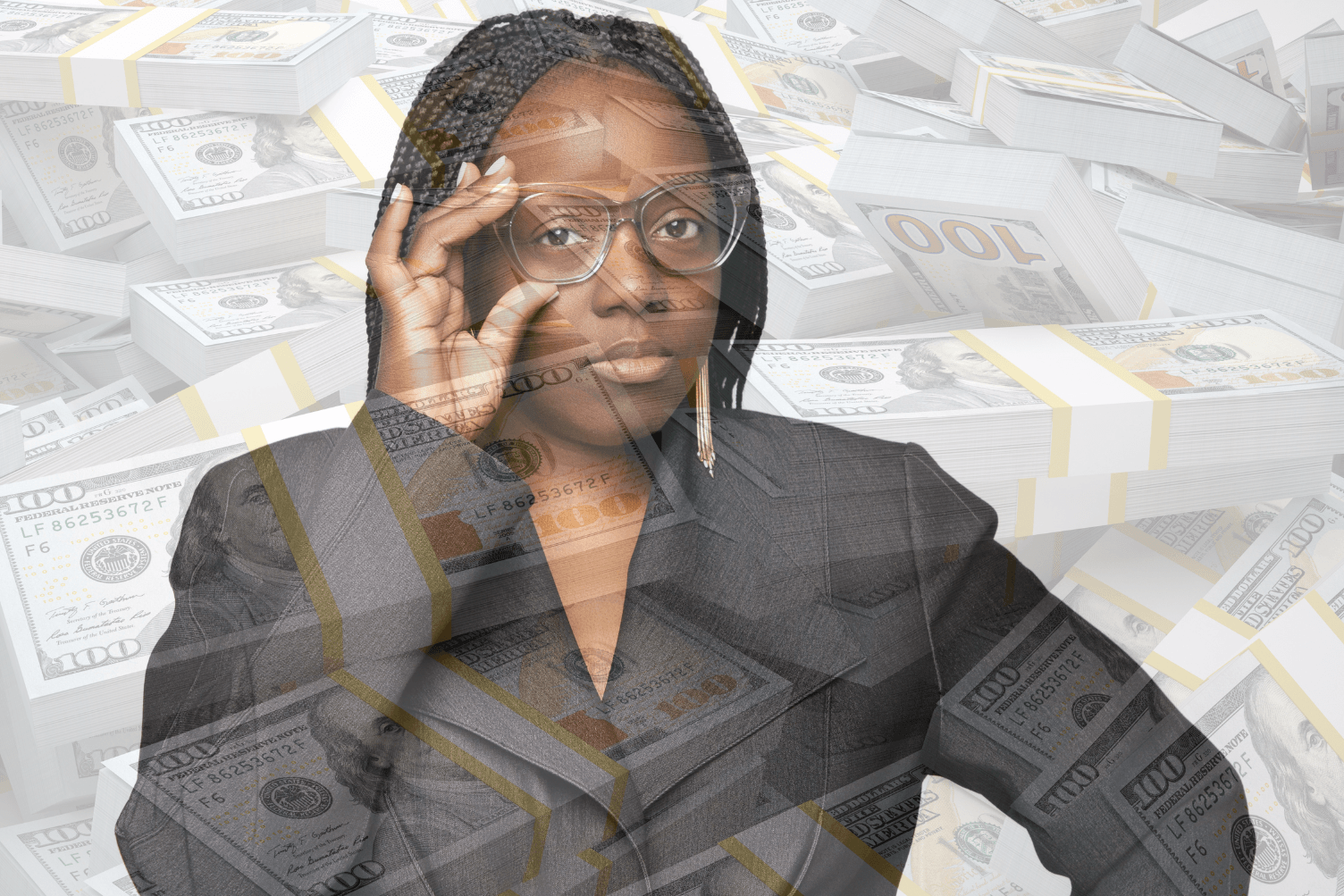 latoya gordon, funding consultant, on a photo with money reprresenting business funding mindset and financial success with capital growth and wealth building